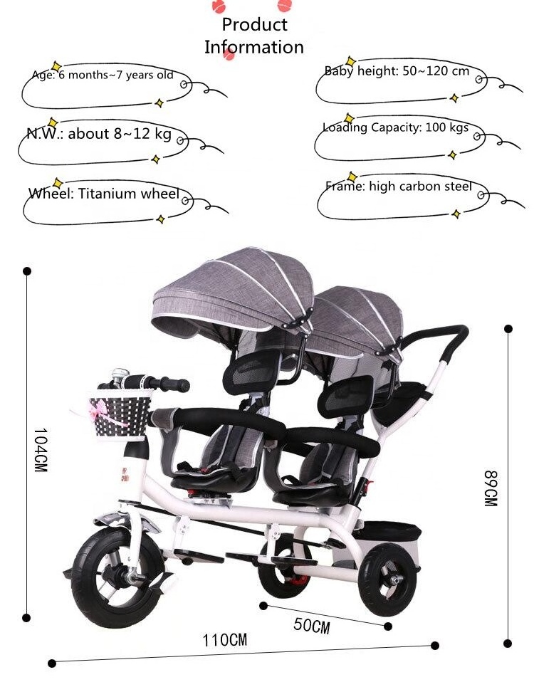 Two Children's Tricycle Flexible Rotation Seat More Convenient to Carry Baby Stroller Kids Double Two Seats Tricycle Trike