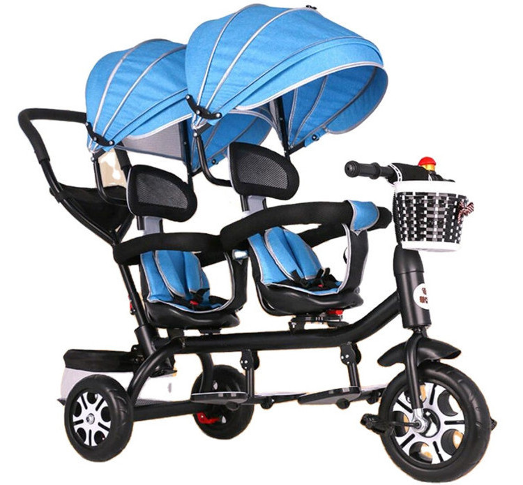 360 Rotation Baby Twins Tricycle Ride On Car Toy 4 In 1 Three Wheels Bike For Child With Two Seat Pushbar Walk Toddler Kid Trike