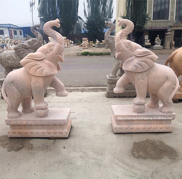 Hand Carved Sunset Red Marble Elephant Sculpture For Garden Decoration