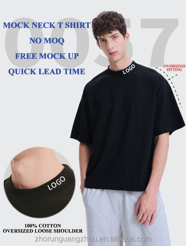 Streetwear Mock Neck Drop Shoulder Oversize Thin 100% Cotton Tee T-shirt Boxy Fit Round Neck High Quality Plain Print T Shirt