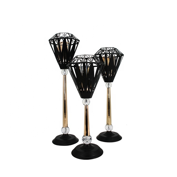 Nordic style tall black diamond shape candelabra gold metal pillar candle holder for parties/table centerpieces