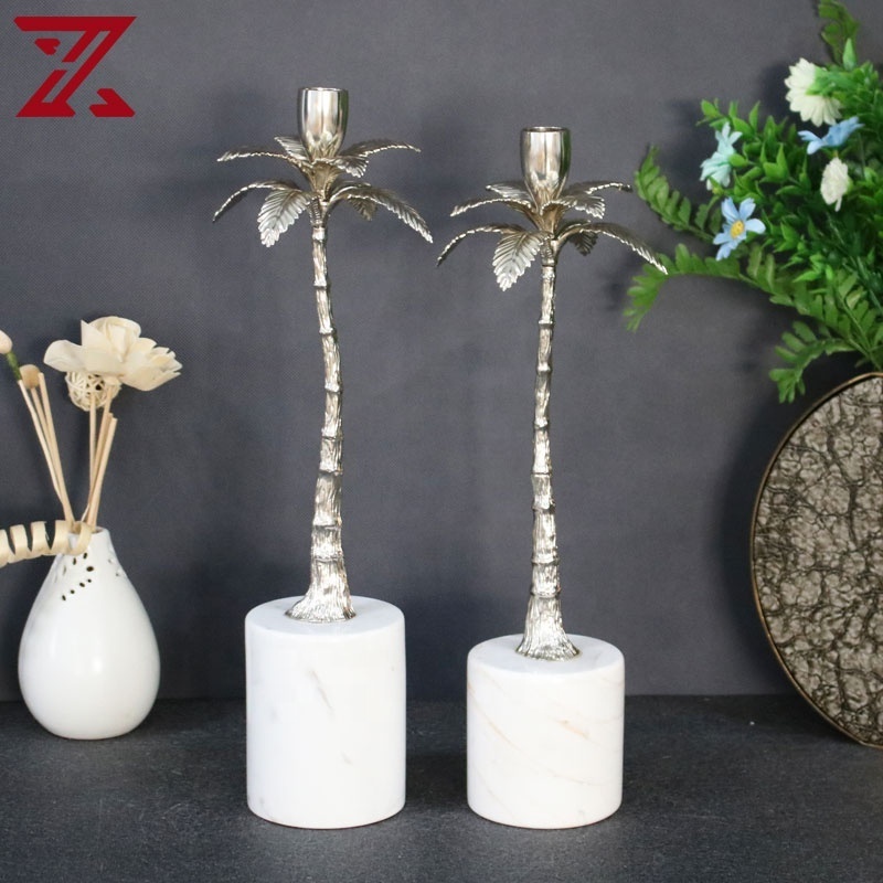 Factory hot sale silver metal palm leaf decoration candle holder unique stylish single candlestick holder