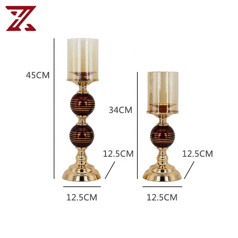 Wholesale Gold & Red Metal Candle Stand Set of 2 With Glass Chimney Metal Decorative Pillar Candle Holder