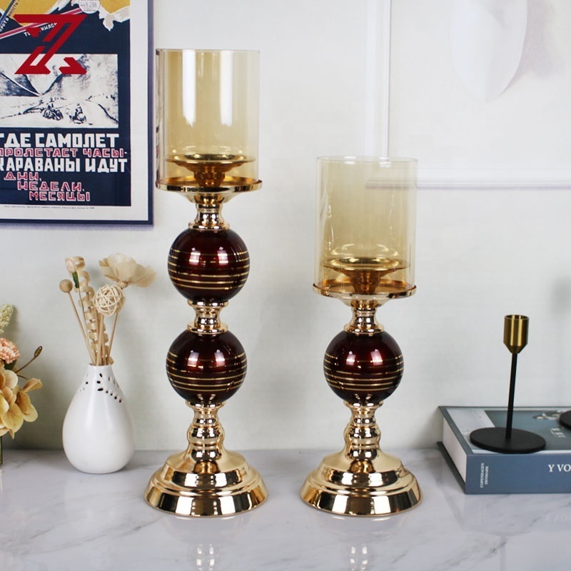 Wholesale Gold & Red Metal Candle Stand Set of 2 With Glass Chimney Metal Decorative Pillar Candle Holder