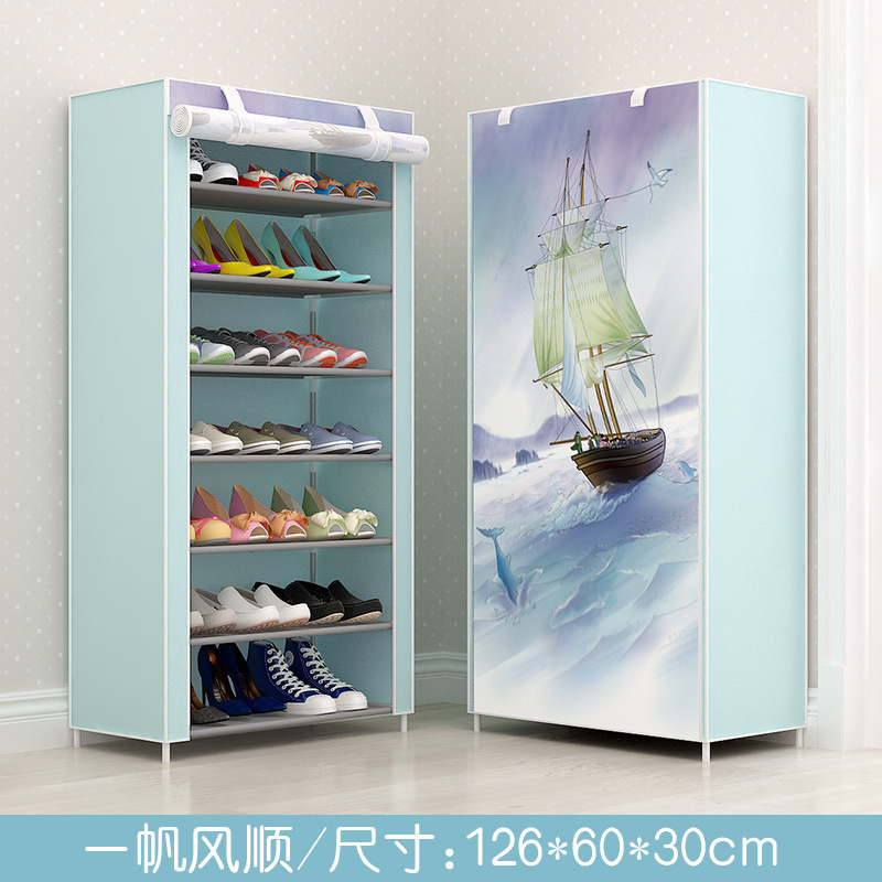 Simple true color multi-layer steel pipe non-woven cloth shoe rack 7 tiers assembly dustproof shoe cabinet