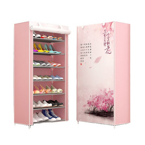 Simple true color multi-layer steel pipe non-woven cloth shoe rack 7 tiers assembly dustproof shoe cabinet