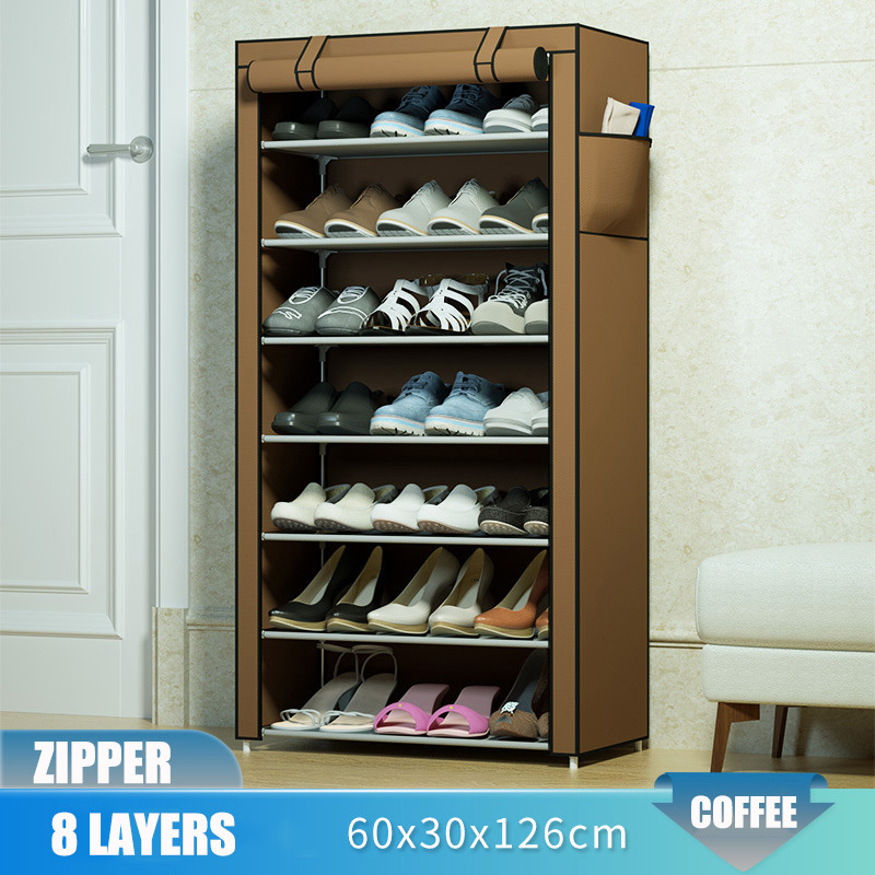 Simple true color multi-layer steel pipe non-woven cloth shoe rack 8 tiers assembly dustproof shoe cabinet