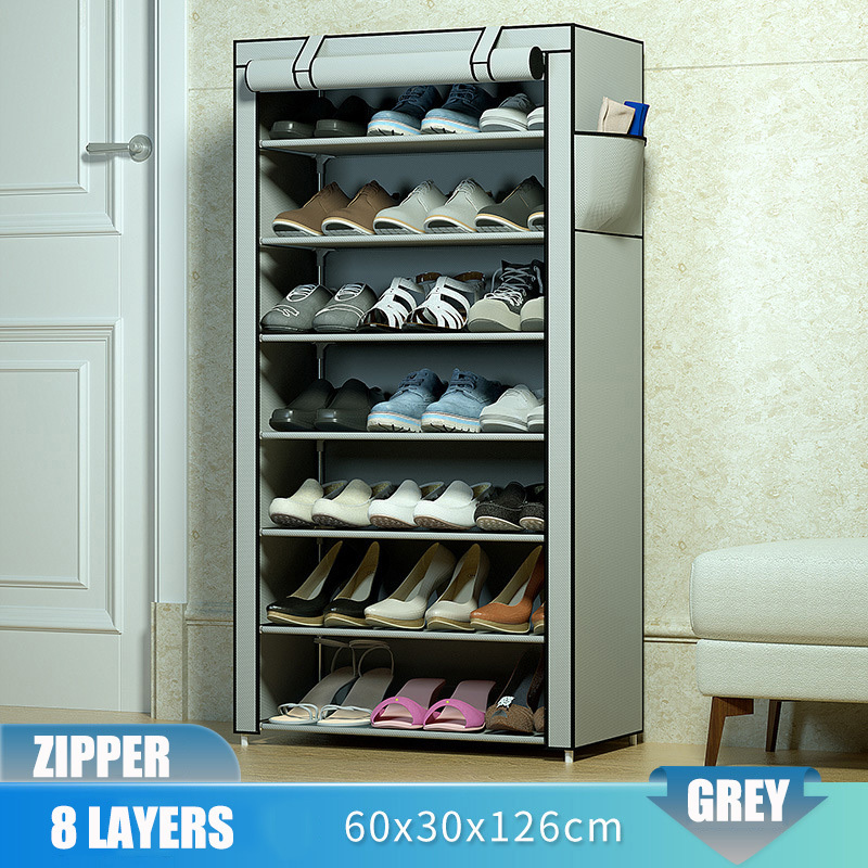 Simple true color multi-layer steel pipe non-woven cloth shoe rack 8 tiers assembly dustproof shoe cabinet