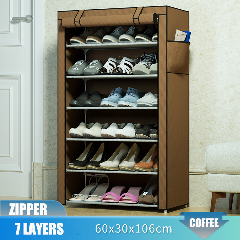 Simple true color multi-layer steel pipe non-woven cloth shoe rack 8 tiers assembly dustproof shoe cabinet