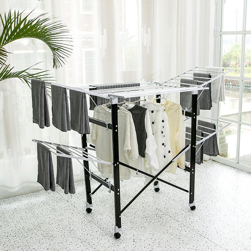 Manufacturers luxury balcony with wheel creative multi-functional drying rack indoor folding double-layer drying rack