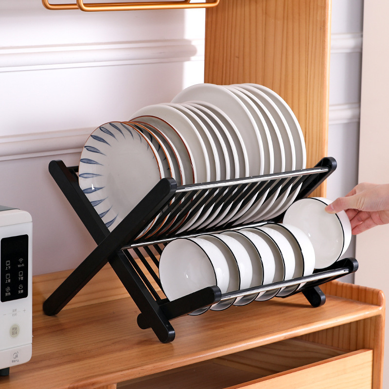 Simple kitchen X-shaped collapsible dish rack Free installation Dish drain storage rack Two-layer drain bowl rack