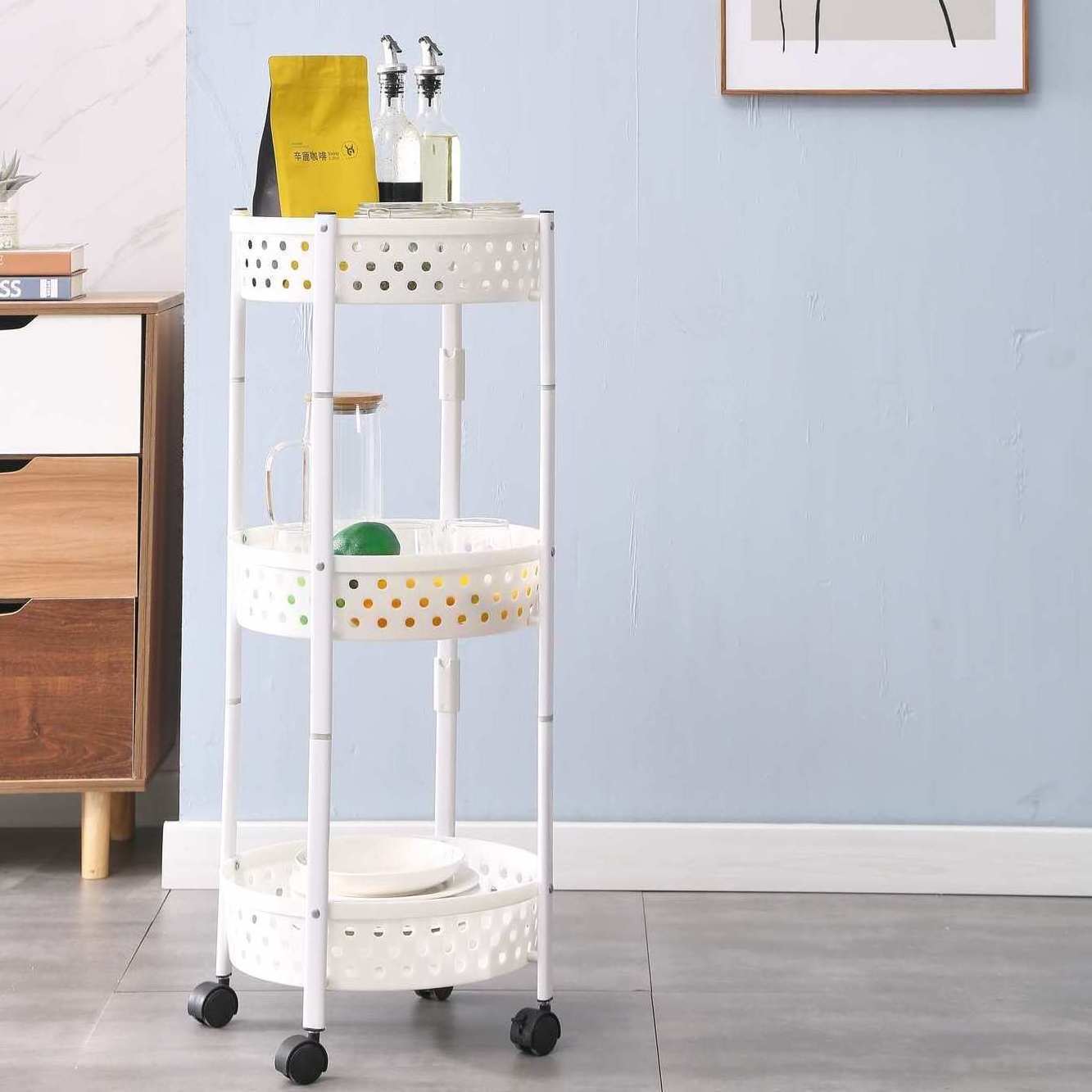 Three-layer rotating folding storage rack can move vegetable and fruit baskets with wheels