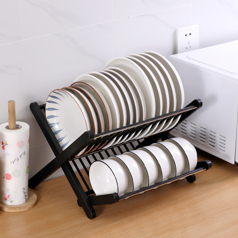 Simple kitchen X-shaped collapsible dish rack Free installation Dish drain storage rack Two-layer drain bowl rack