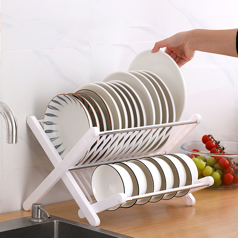 Simple kitchen X-shaped collapsible dish rack Free installation Dish drain storage rack Two-layer drain bowl rack