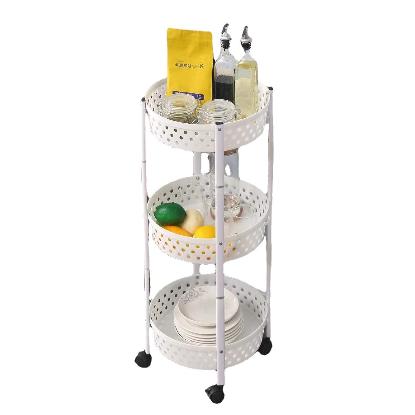 Three-layer rotating folding storage rack can move vegetable and fruit baskets with wheels