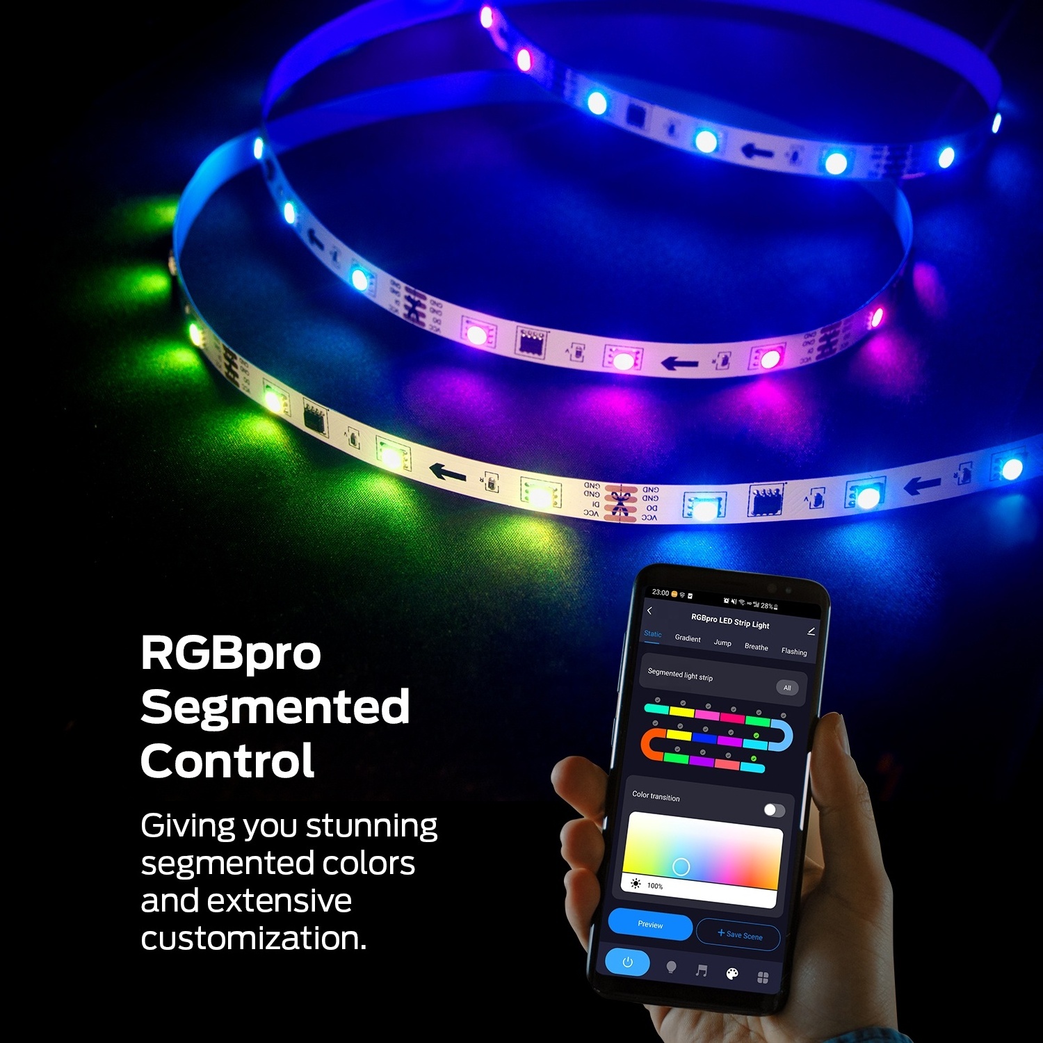 Smart Tuya Mobile Phone App Remote Control Music Sync Dream Color Flexible Changing Waterproof LED RGBIC Light Strip Kit