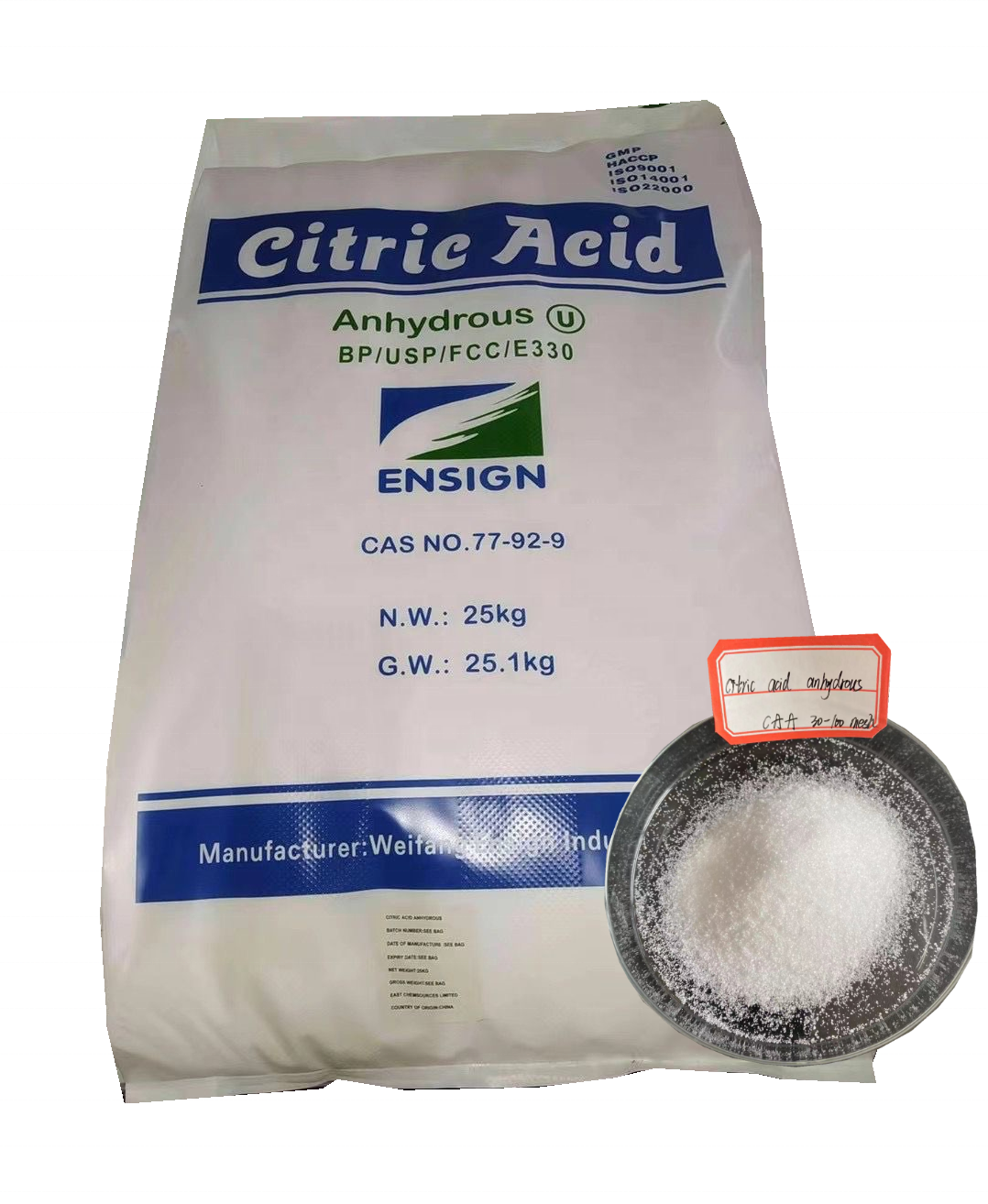 2024 weifang ensign anhydrous citric acid 30-100 mesh factory cheap price halal CAA BP/USP/FCC/E330 Kosher