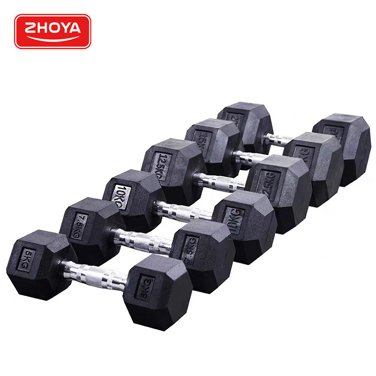 Zhoya Manufacturer KG LB Custom Logo Rubber Coated Full Black Home Gym Equipment Weight Set Hex Dumbbells