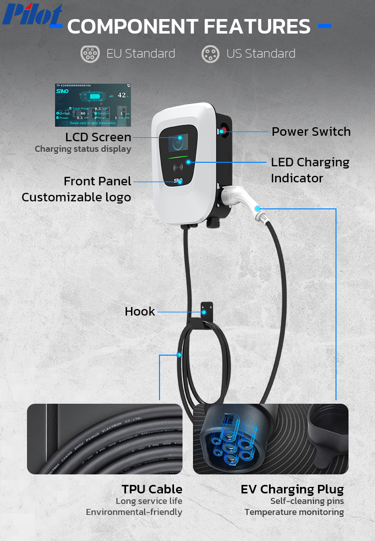 Pilot OEM ODM PEVC2201E home electric car charger ev charging station ac 11kw  level 2 ev charger Type 2 with screen