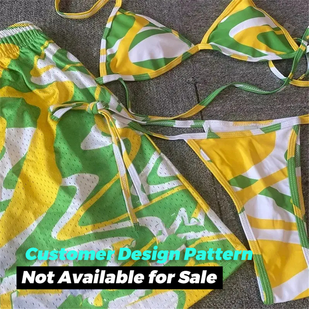 Custom 3 Piece Designer Matching Swimsuits For Couples Men Beach Shorts Women Thong Bikini Bra Set Bathing Suits For Women