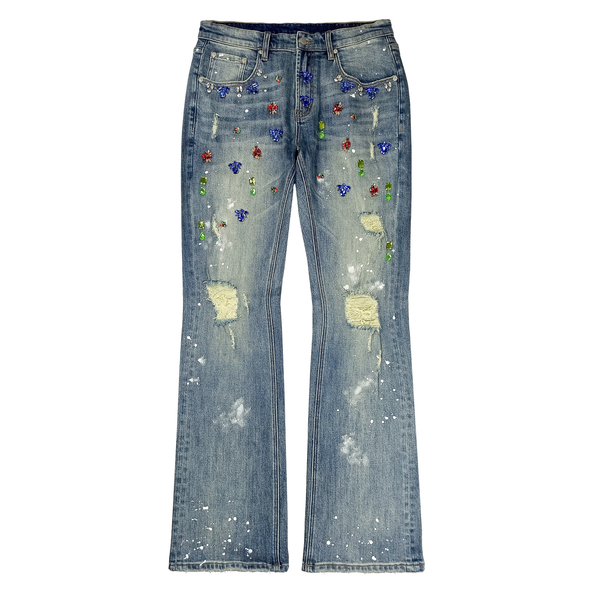 Custom Ripped Baggy Distressed Jeans Men's Flared Rhinestone Straight Denim Jeans for Men