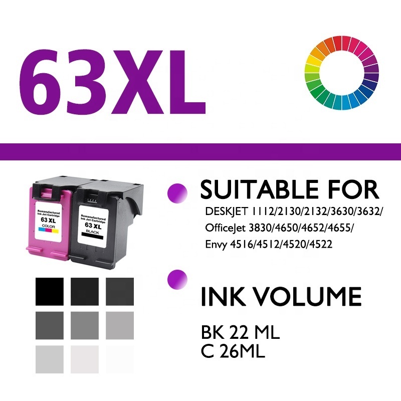 63XL ink cartridge Premium Remanufactured Color Inkjet Ink Cartridge for deskjet 2130 1112 2132 Printer etc 63 63XL