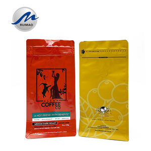 Resealable Coffee Yellow Packing Ziplock Bags And Zipper Bag Fitting Square Flat Bottom With Breather Degassing One Way Valve