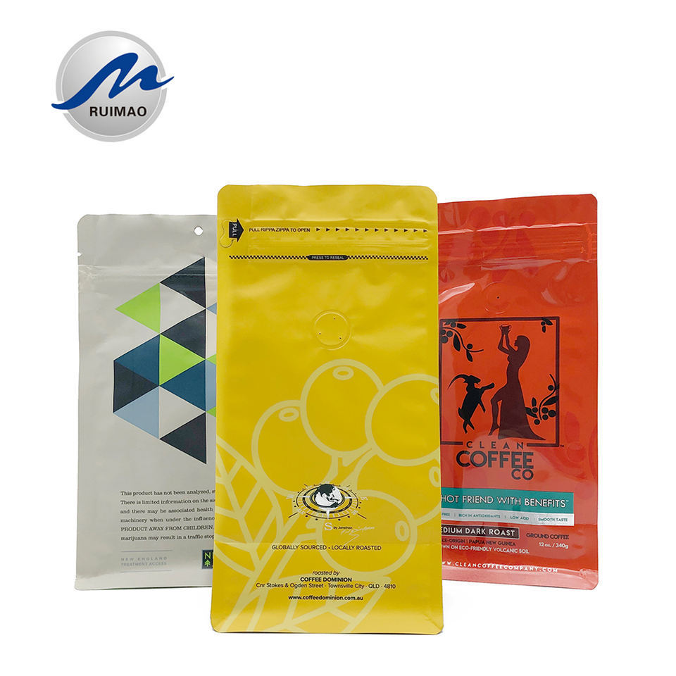 Resealable Coffee Yellow Packing Ziplock Bags And Zipper Bag Fitting Square Flat Bottom With Breather Degassing One Way Valve