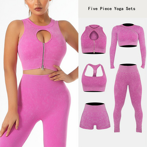 Rib-Knit High Waist Softness Plus Size Zip Crop Top Sports Wear New Seamless Yoga Wear 6-Pieces Set Sexy Ass Leggings