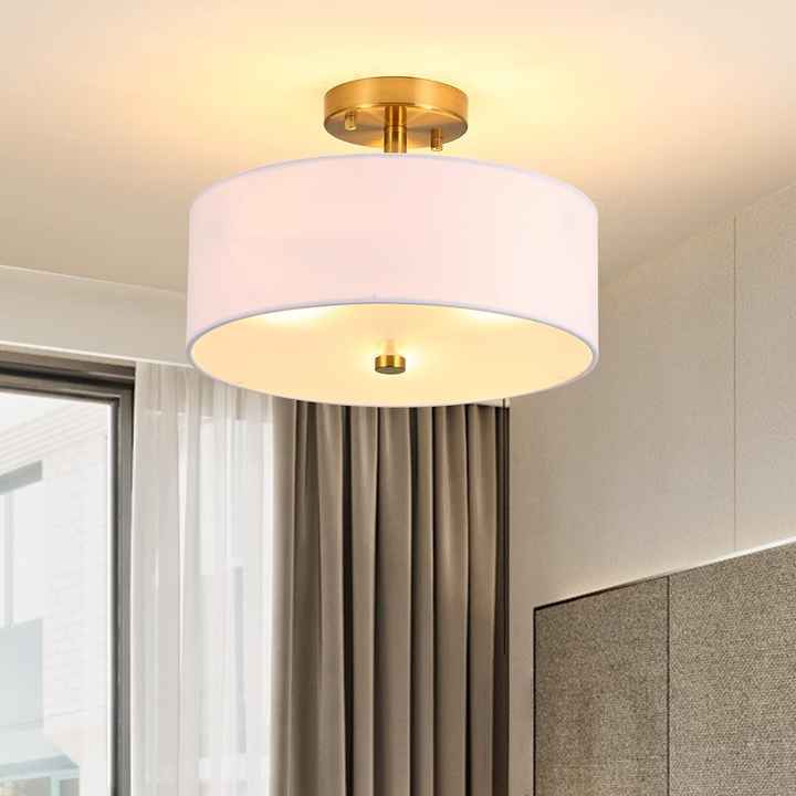 Round Brass Ceiling Lamp for Indoor Home Lighting  Mounted Bedroom Living Room Ceiling Light Round Fabric Chandelier