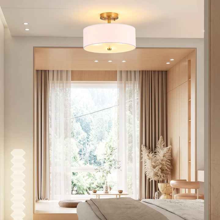 Round Brass Ceiling Lamp for Indoor Home Lighting  Mounted Bedroom Living Room Ceiling Light Round Fabric Chandelier