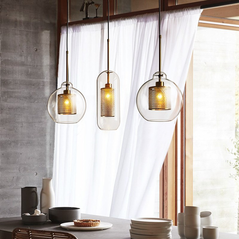 postmodern led nordic simple glass globe metal net pendant light