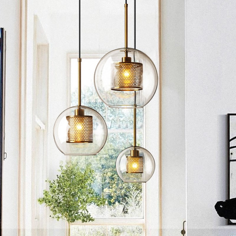 postmodern led nordic simple glass globe metal net pendant light