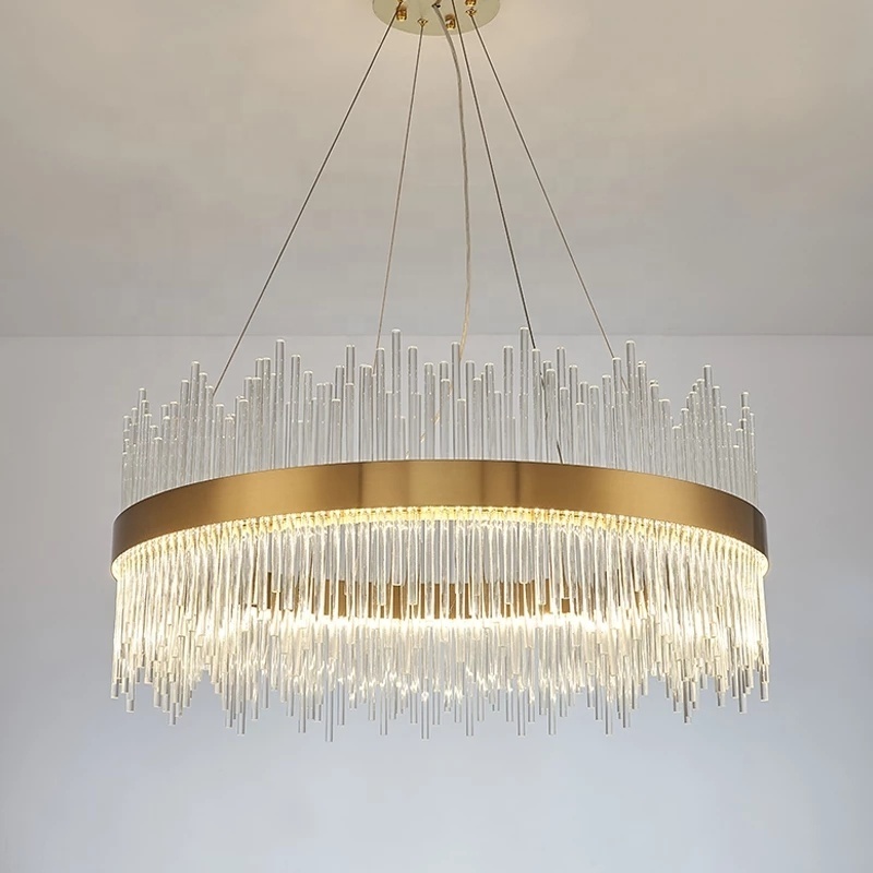 Modern Round Crystal Chandelier for Dining Room Rectangle Design Kitchen Island Lighting Fixtures LED Pendant Lights Glass