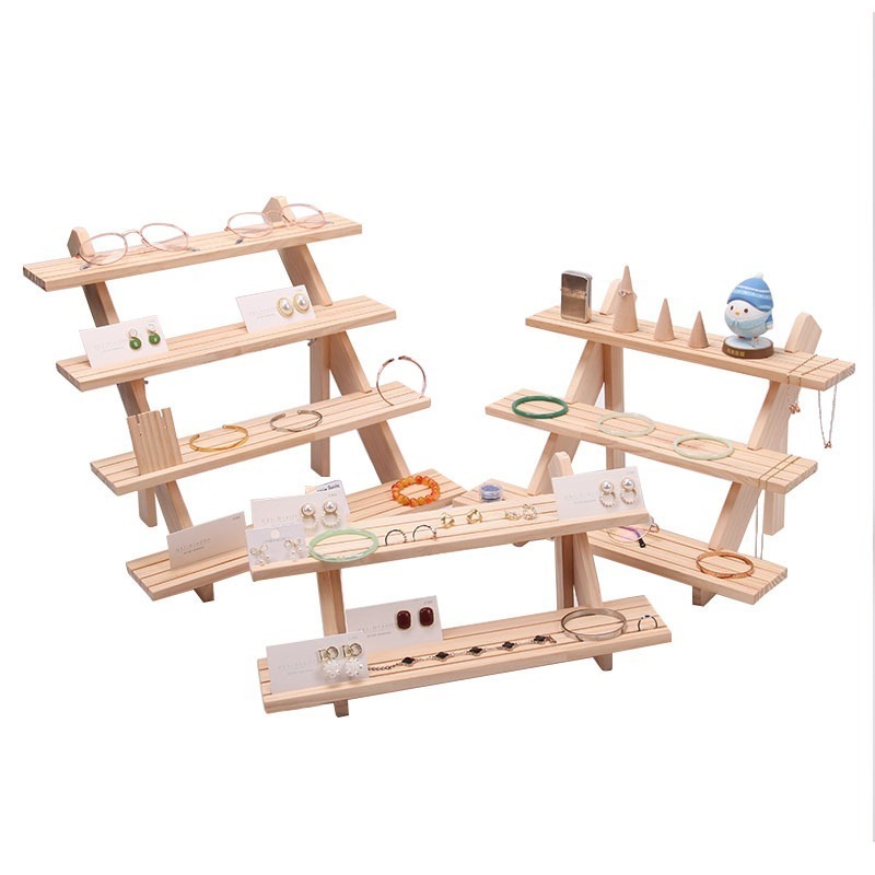 3 Ladder Design Tiers Wood Earrings Jewelry Display Shelf  Multi-functional Stand With Grooved Lines