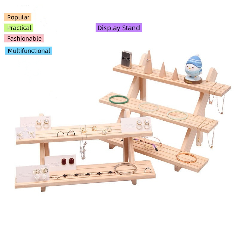 Natural Wood Ladder Design 2 Layers Jewelry Earring Cards Rings Glasses Exhibition Presentation Shelf Holder