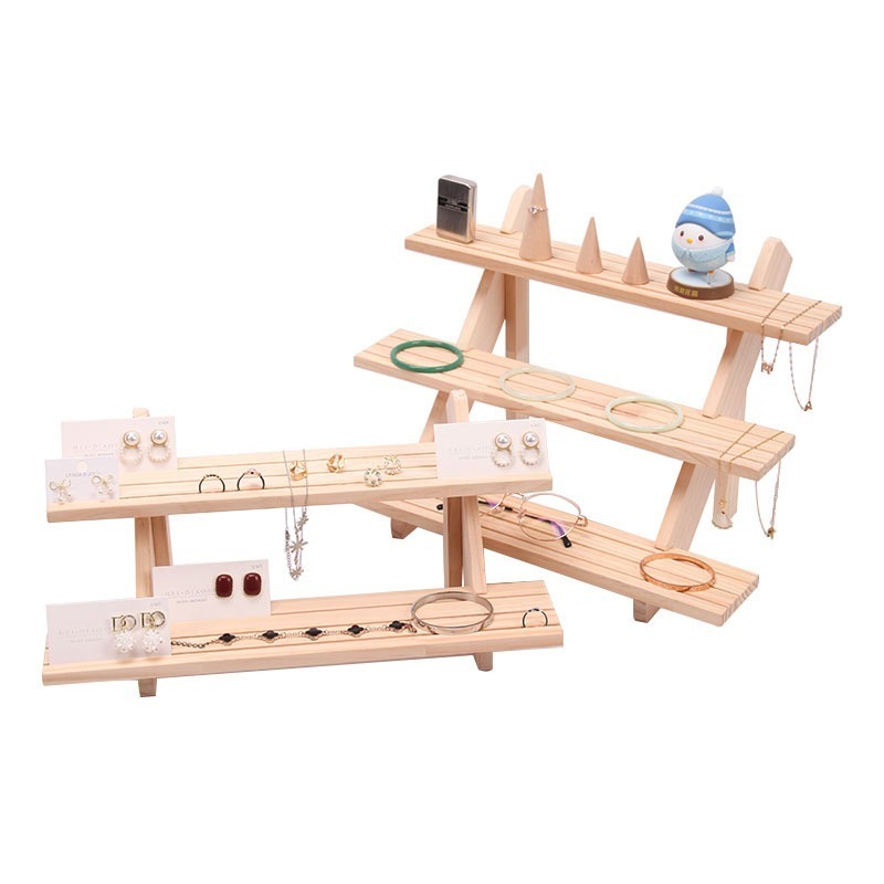 Natural Wood Ladder Design 2 Layers Jewelry Earring Cards Rings Glasses Exhibition Presentation Shelf Holder