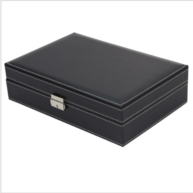 Black PU Leather 8 Watch Slots Jewelry Necklace Rings Set Storage Organizer Box With Mirror