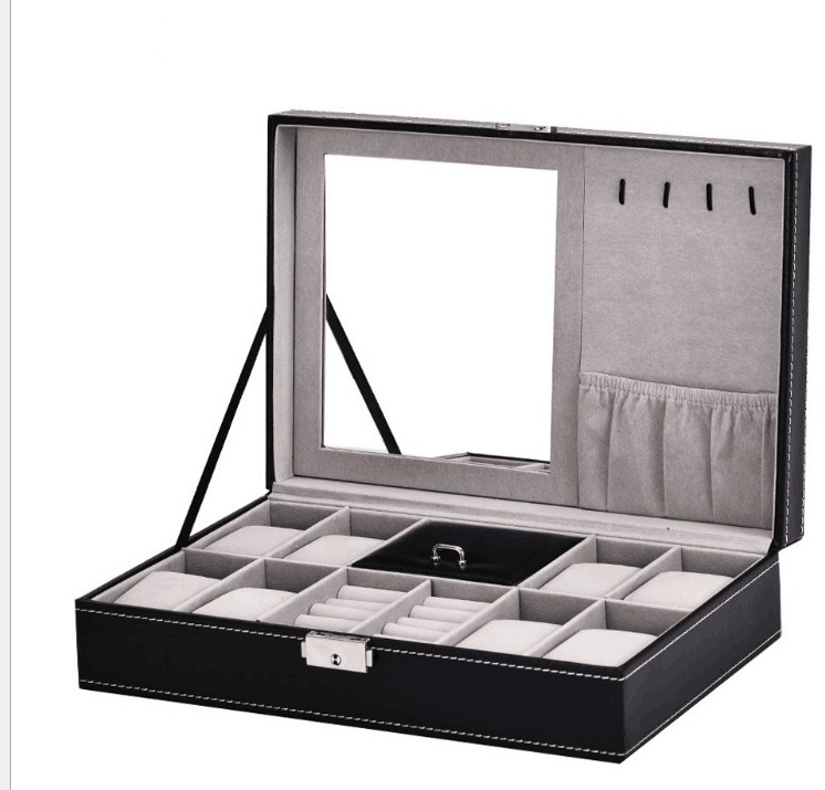 Black PU Leather 8 Watch Slots Jewelry Necklace Rings Set Storage Organizer Box With Mirror