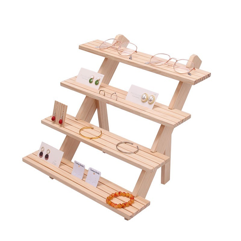 Natural Wood Ladder Design 4 Layers Jewelry Earring Cards Rings Doll Exhibition Presentation Shelf Stand