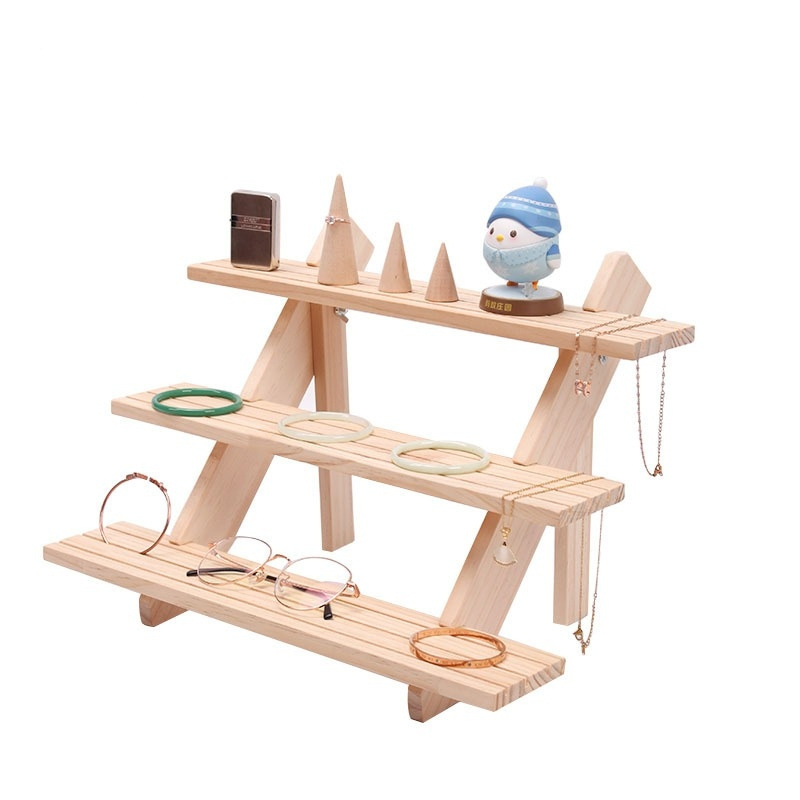 Natural Wood Ladder Design 4 Layers Jewelry Earring Cards Rings Doll Exhibition Presentation Shelf Stand