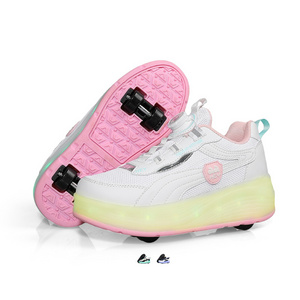 Kids Led Usb Charging Kick Roller Skate Shoes With Wheel Light Up Rechargeable Roller Sneakers For Girl Boys Children