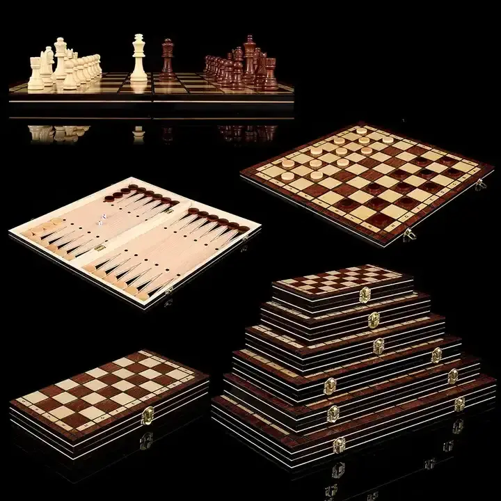 new Folding Storage Wooden Chess Board Sets 3 in 1 Chess Backgammon Checkers Board Game for Adults and Kids