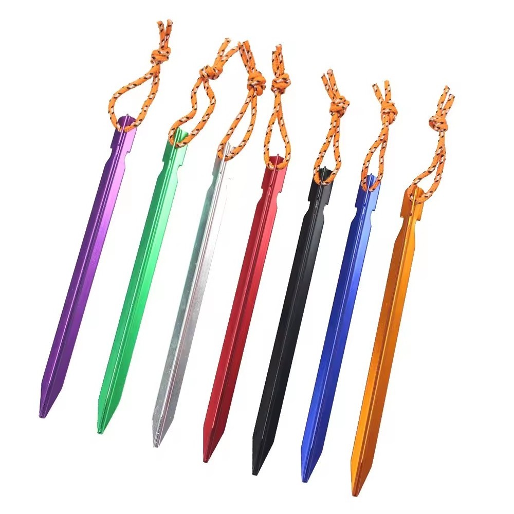 wholesale 18cm Aluminum Canopy Tri-beam Tent Pegs Garden Stakes Ground Nail Heavy Duty With Cord Hammock Camping