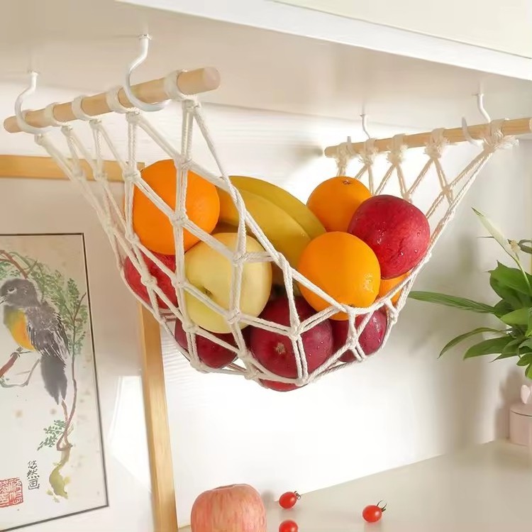 Wholesale Handmade woven cotton rope mesh bag Kitchen Vegetable Basket Under Cabinet Hanging Macrame Fruit Hammock