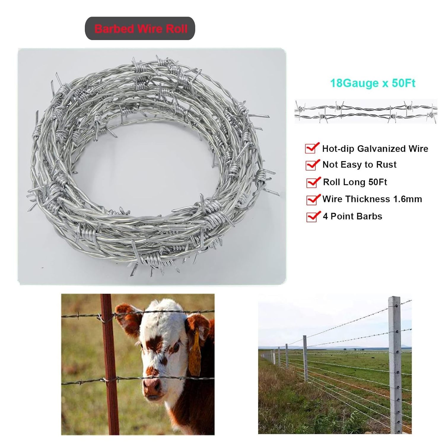 Coils High Protection 328FT(100m) 4 Point Barbed Fence 15 Gauge (1.7mm)  Barbed Wire  For Fence  Farm Garden Home