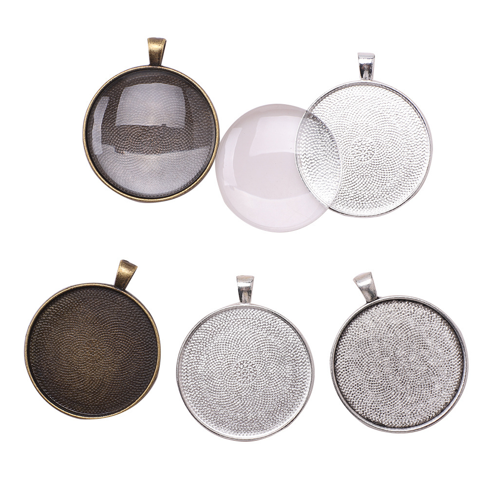 ZHB 20/30/40MM Round Alloy Pendant Bases for Necklace DIY Charms Glass Cabochon Tray Bezel Blanks Metal Beads for Jewelry Making