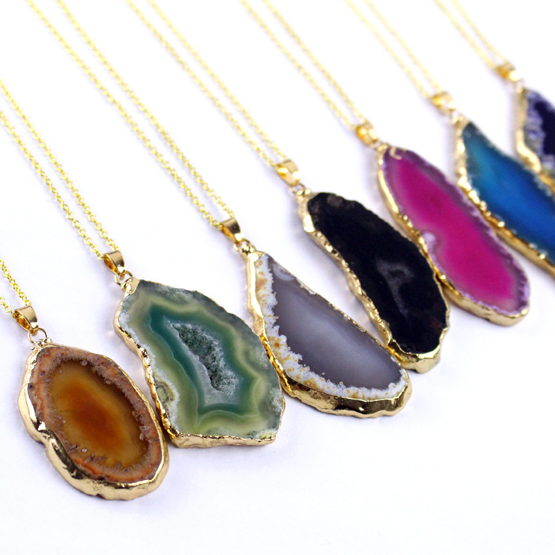 Wholesale New Fashion Gold Electroplated Rough Stone Slice Colorful Natural Agate Pendant Necklace