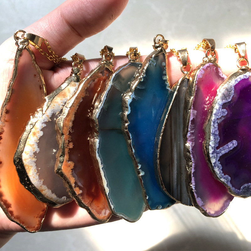 Wholesale New Fashion Gold Electroplated Rough Stone Slice Colorful Natural Agate Pendant Necklace