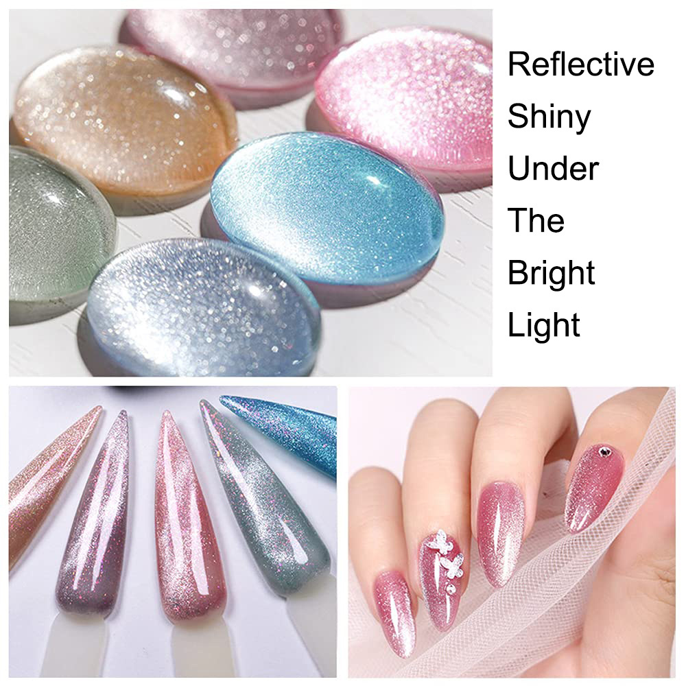 OEM/ODM Soak Off  Reflective Glitter Gel Nail Polish Bright Silver Crystal Magnetic Holographic Cat Eye Gel